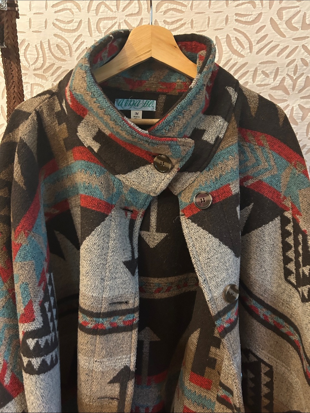 Cape Coat Southwestern Pattern Design Cotton Poly Weighted Woven Fleece